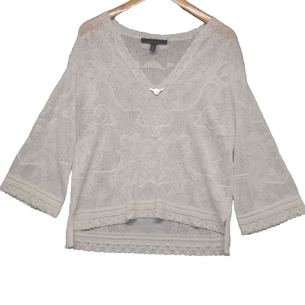 White House Black Market Womens Sz S Pointelle Stitch 3/4 Sleeve Sweater White